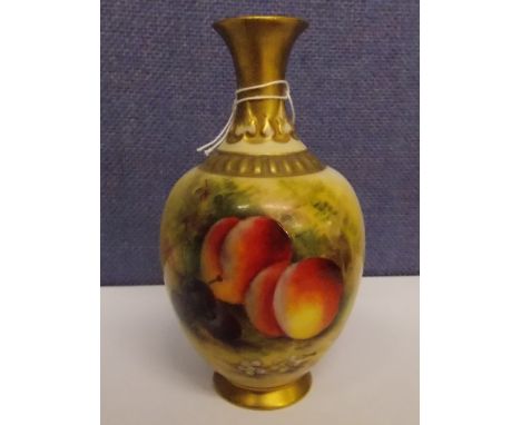 ROYAL WORCESTER BALUSTER VASE HAND PAINTED WITH FRUIT BY H AYRTON WITH GILT DETAIL 12CM HIGH