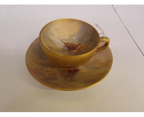 ROYAL WORCESTER CABINET CUP AND SAUCER, HANDPAINTED WITH HIGHLAND CATTLE SIGNED H.STINTON, SAUCER A/F PUCE MARK TO UNDERSIDE