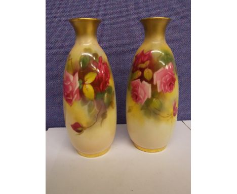 PAIR OF ROYAL WORCESTER OVOID VASES PAINTED WITH ROSES, NUMERALS 2491 AND PUCE MARK TO BASE 15CM HIGH A/F
