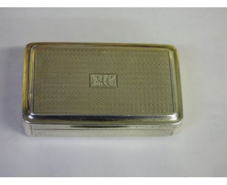 HM BIRMINGHAM SILVER SNUFF BOX WITH ENGINE TURNED DECORATION AND MONOGRAM ENGRAVED TO CENTRE OF THE LID, SILVER GILT TO INTER
