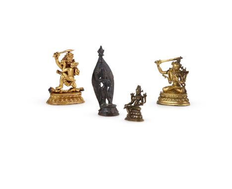 GROUP OF FOUR BRONZE DEITIES QING DYNASTY, 19TH CENTURY 清 各色銅鎏金及銅鑄造像（一組四件） comprising: a gilt-bronze figure of a seated Manju