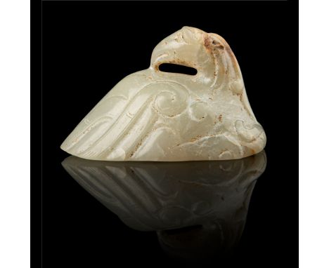 WHITE JADE 'TURTLEDOVE' STAFF HEAD WESTERN HAN DYNASTY 西漢 白玉雕鳩杖首 carved in the round as a turtledove with a long beak and loo