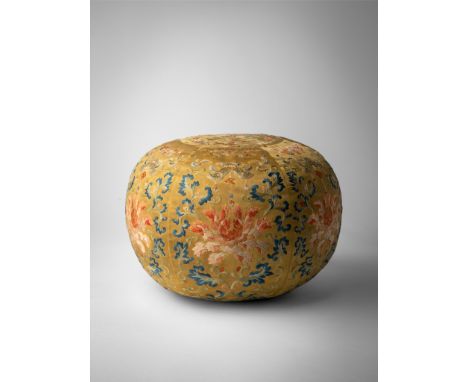 YELLOW-GROUND EMBROIDERED SILK 'LOTUS' SPHERICAL ELBOW CUSHION QING DYNASTY, 19TH CENTURY 清 黃地刺繡纏枝蓮花蝙蝠銜磬紋迎手 made from six ova