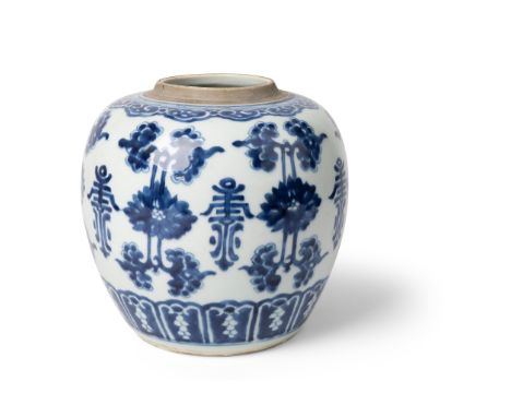 BLUE AND WHITE 'LONGEVITY' GINGER JAR QING DYNASTY, KANGXI PERIOD 清康熙 青花壽字花卉紋罐 the exterior painted with six 'shou' longevity
