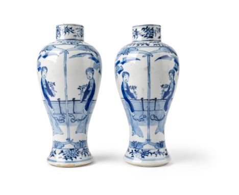 PAIR OF BLUE AND WHITE 'LADY' BALUSTER VASES QING DYNASTY, KANGXI MARK BUT 19TH CENTURY 清 康熙款 青花仕女圖瓶一對 each rising from a sho