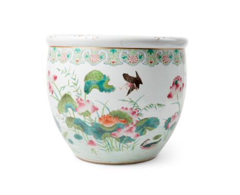LARGE FAMILLE ROSE 'LOTUS POND' BASIN QING DYNASTY, 19TH CENTURY 清 粉彩荷塘清趣圖大缸 heavily potted, rising to steep sides and lipped