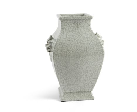 GE-TYPE CRACKLE-GLAZED SQUARE VASE 仿哥釉饕餮耳方壺 of hu form with squared sections, raised from a splayed foot and terminating in a