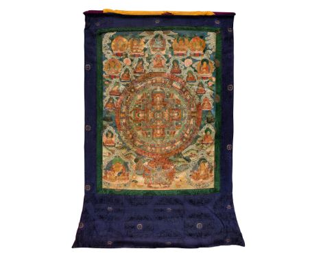THANGKA DEPICTING GUHYASAMAJA MANDALA 19TH-20TH CENTURY 十九至二十世紀 密集金剛唐卡 distemper on cloth, the main figure with three faces a