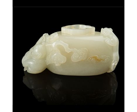 WHITE JADE 'BOY AND RUYI' WATER POT QING DYNASTY, 18TH CENTURY 清 白玉雕平安如意童子水丞 carved as an oval vase with a ruyi cloud mouth r