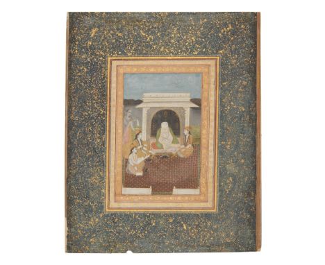 A SCHOLAR TEACHING MAIDENS ON A TERRACE LATE MUGHAL, 18TH/ 19TH CENTURY gouache and gold on paper laid down on card, with gol