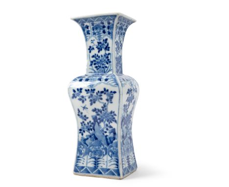 BLUE AND WHITE RECTANGULAR VASE QING DYNASTY, KANGXI MARK BUT 19TH CENTURY 清 康熙款 青花花卉人物紋方瓶 of four-sectioned baluster form wi