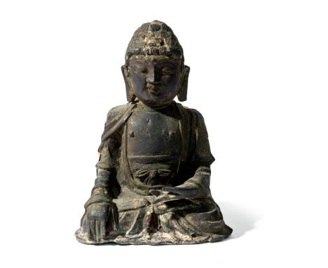 LACQUERED BRONZE FIGURE OF A SEATED BUDDHA MING DYNASTY, 17TH CENTURY 明 銅胎髹金漆佛座像 seated in dhyanasana pose, with right hand i