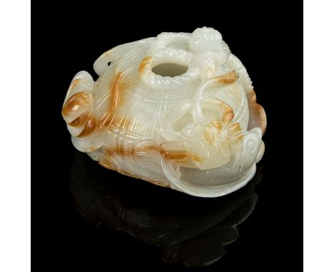 WHITE JADE WITH RUSSET SKIN CARVING OF WATER POT QING DYNASTY, 18TH-19TH CENTURY 清 白玉雕童子水丞 carved in the round as a large bam