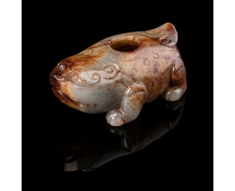 CELADON JADE WITH RUSSET SKIN 'TIGER' WATER POT QING DYNASTY, 19TH CENTURY 清 青玉帶皮雕虎形水丞 carved in the round in standing pose, 