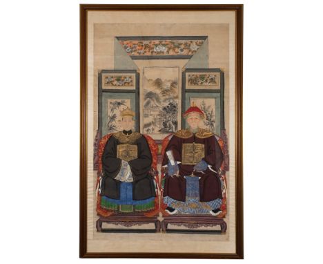 TWO LARGE ANCESTOR PORTRAIT PAINTINGS QING DYNASTY, 19TH CENTURY 清 祖先像紙本設色 鏡框（共兩幅） ink and colour on papers, one depicting a 