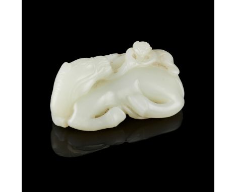 PALE CELADON JADE 'MONKEY ON HORSE' CARVING QING DYNASTY, 19TH CENTURY 清 青白玉馬上封侯把件 carved in the round with a recumbent horse