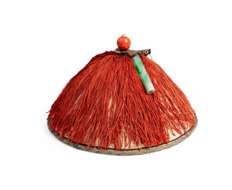 COURT OFFICIAL HAT 頂戴花翎（含玉翎管） of conical form, red threads overlaid the creamy ground, wide edge bound with patterned silk ro