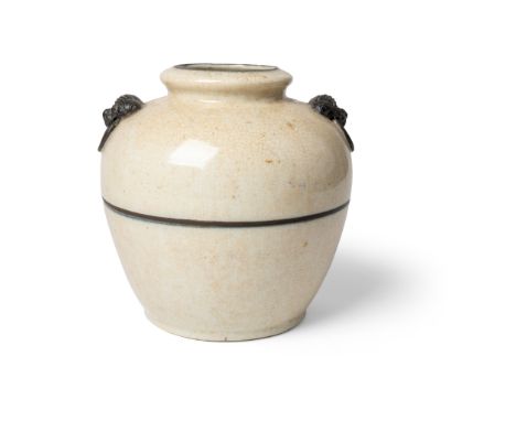 GE-TYPE CRACKLE-GLAZED 'TAOTIE' JAR XUANDE MARK BUT 19TH CENTURY 清 宣德款 仿哥釉雙饕餮耳罐 the bulbous body supported on a short foot ri