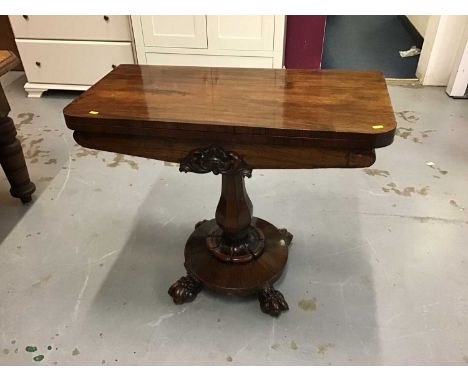 William IV Rosewood card table with fold over top , swollen column on circular base with carved claw feet ,91 cm wide