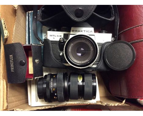 Praktica MTL5B camera, various lenses, Canon Ixus 400 camera and accessories, two paint sets, dressing table set, ceramics, t