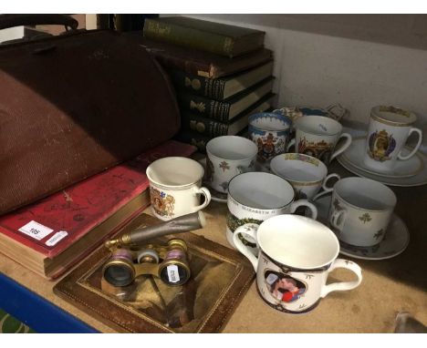 Collection of Royal Commemorative china, leather Gladstone bag, brass and enamel opera glasses, books and sundries