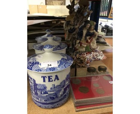 Set three Spode blue and white tea, coffee and sugar jars, Staffordshire figure group, pair carved hard stone dragon ornament