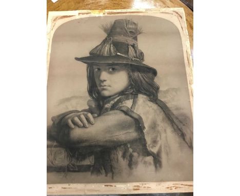 Group of 19th century and later unframed works to include a charcoal portrait, decorative framed oils and others pictures