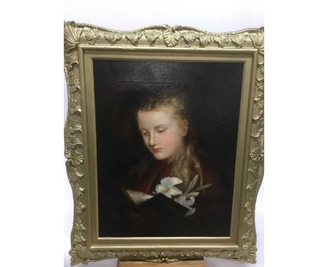 English School, 19th century, oil on canvas, portrait of a girl with lilies, titled to original label verso, 59 x 44cm, gilt 