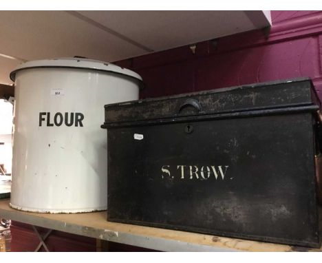 Large enamel flour bin, together with a copper warming pan and deed box