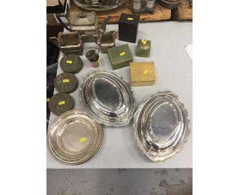 Silver plated three piece teaset together with a pair of silver plated entree dishes, alabaster trinket boxes and sundries