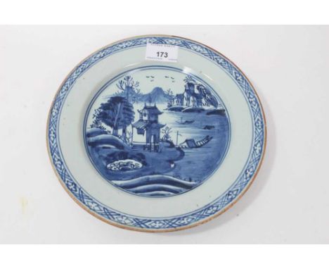 18th century English delft dish, blue and white painted with an oriental scene, 24cm diameterCondition report: Good condition