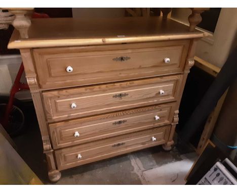 19th century pine chest of four long drawers with ceramic handles, 107cm wide, 52cm deep, 103cm high