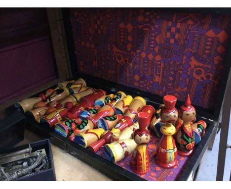Soviet Russian Painted wooden chess set in games box 