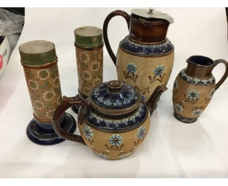 Group of five Doulton Lambeth stoneware to include a pair of vases, teapot, matching hot water pot and a jugCondition report: