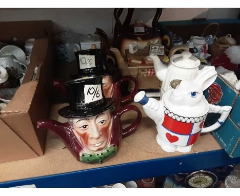 Collection of ceramic teapots to include novelty Tony Wood 'Mad Hatter' teapots, Wade Alice in Wonderland's 'White Rabbit' te