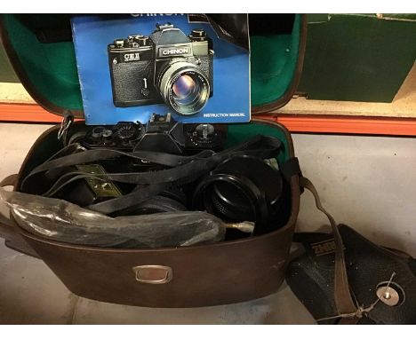 Chinon CEII camera in leather case plus other lenses, cameras and pair of binoculars