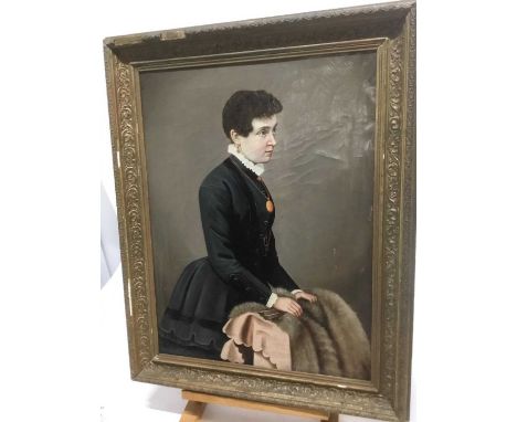 19th century Continental school, oil on canvas, half length portrait of a woman in black dress with locket, 58 x 44cm, framed