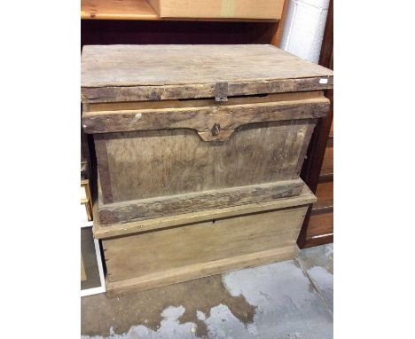 Old pine trunk, together with another containing vintage horse tack and a saddle