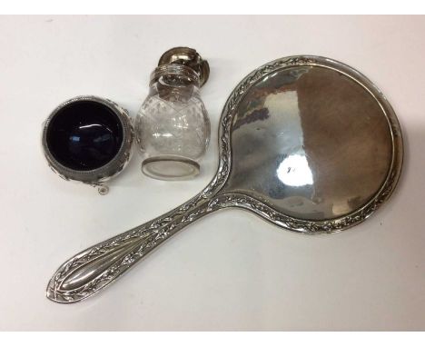 Silver backed hand mirror, silver salt and silver mounted glass pot