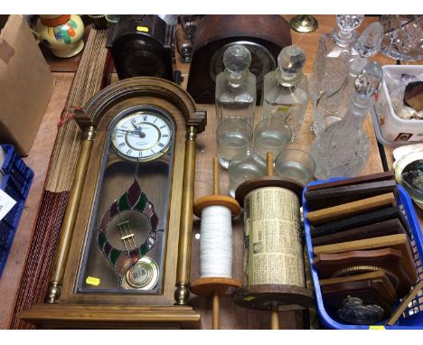 President quartz wall clock, two mantle clocks, glass decanters, large painted paper fan, military and constabulary shield pl
