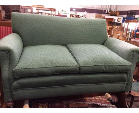 Antique two seater sofa with green upholstery. 146cm wide x 78cm high x 82cm deep Condition report: Sofa in sound overall ord