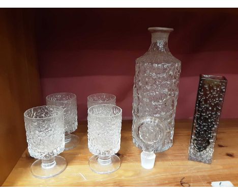 Whitefriars cinnamon nailhead vase, Whitefriars Glacier decanter and stopper plus four matching glassesCondition report: All 