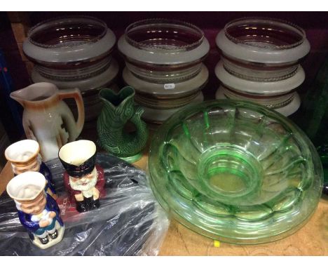 Nine glass light shades, green glassware, glug jug, three character jugs, vintage chrome ceiling light and small group of rec
