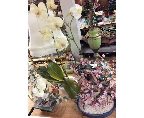 Pair green onyx table lamps with brass putti decoration and shades, one other figure lamp, ceramic jar, artificial plants and
