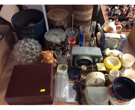 Mixed china and glass, German pottery vase, two animal skin drums, brass postal scales, box of printing blocks and sundries