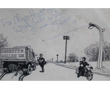 Signed Giles cartoon - 'To Mrs Hutton, With best wishes, From Giles '58' in glazed frame, 20cm x 25cm