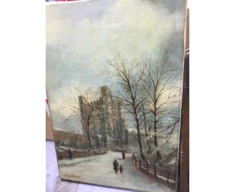 Victorian oil on canvas of figures before a castle in the snow, indistinctly signed 35 x 26cm, unframed and a portrait oil on