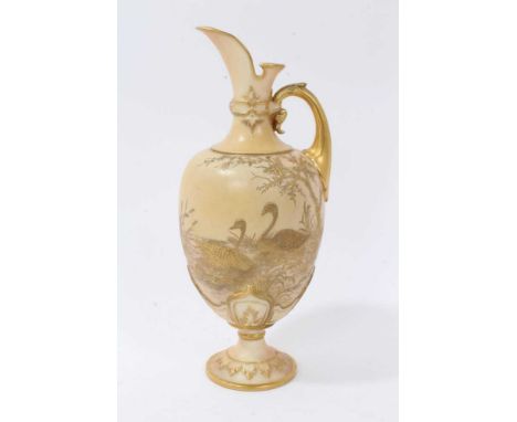 Royal Worcester blush ivory ewer, decorated in relief with swans, 19.5cm height Condition report: Evidence of very good profe