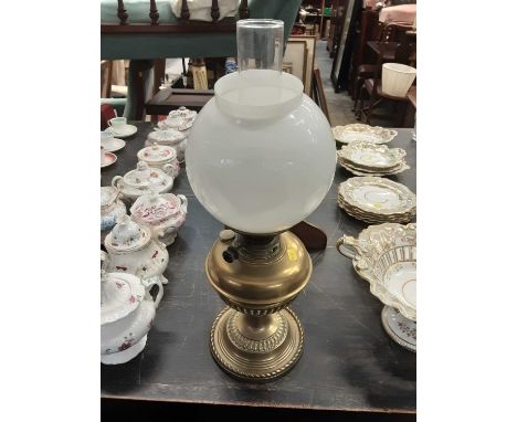 Late Victorian brass oil lamp with glass shade, brass and steel planeterium/model, Edwardian inlaid mahogany oval tray and a 