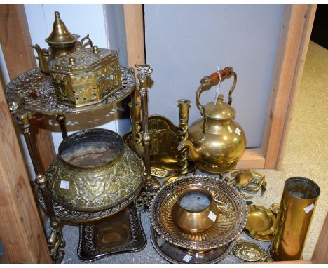 Metalware - a cast brass two tier pan stand; teapot; Indian brass bowl; a pair of candlesticks; etc; EPNS comport; etc